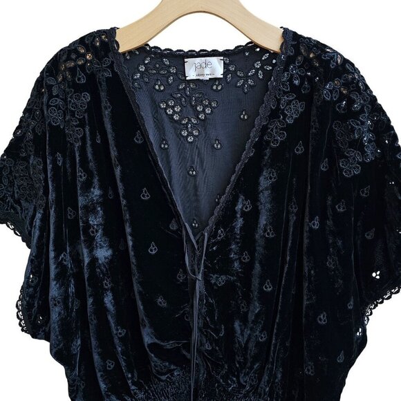 Jade Johnny Was Silk Blend Velvet Embroidered Top With Tassel Tie, Size Small - Picture 3 of 11